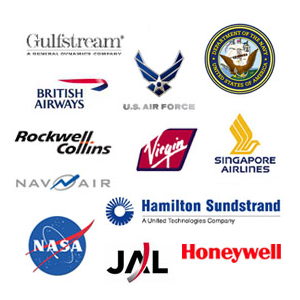 JAL, Air China, Ryanair, Gulfstream, Honeywell, British Airways, BAE Systems, Singapore Airlines, Virgin, NASA, Rockwell Collins, Hamilton Sundstrand